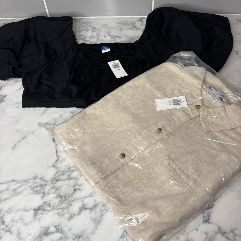 Two New old navy tops: one Black Smocked Puff-Sleeve & one “The boyfriend shirt